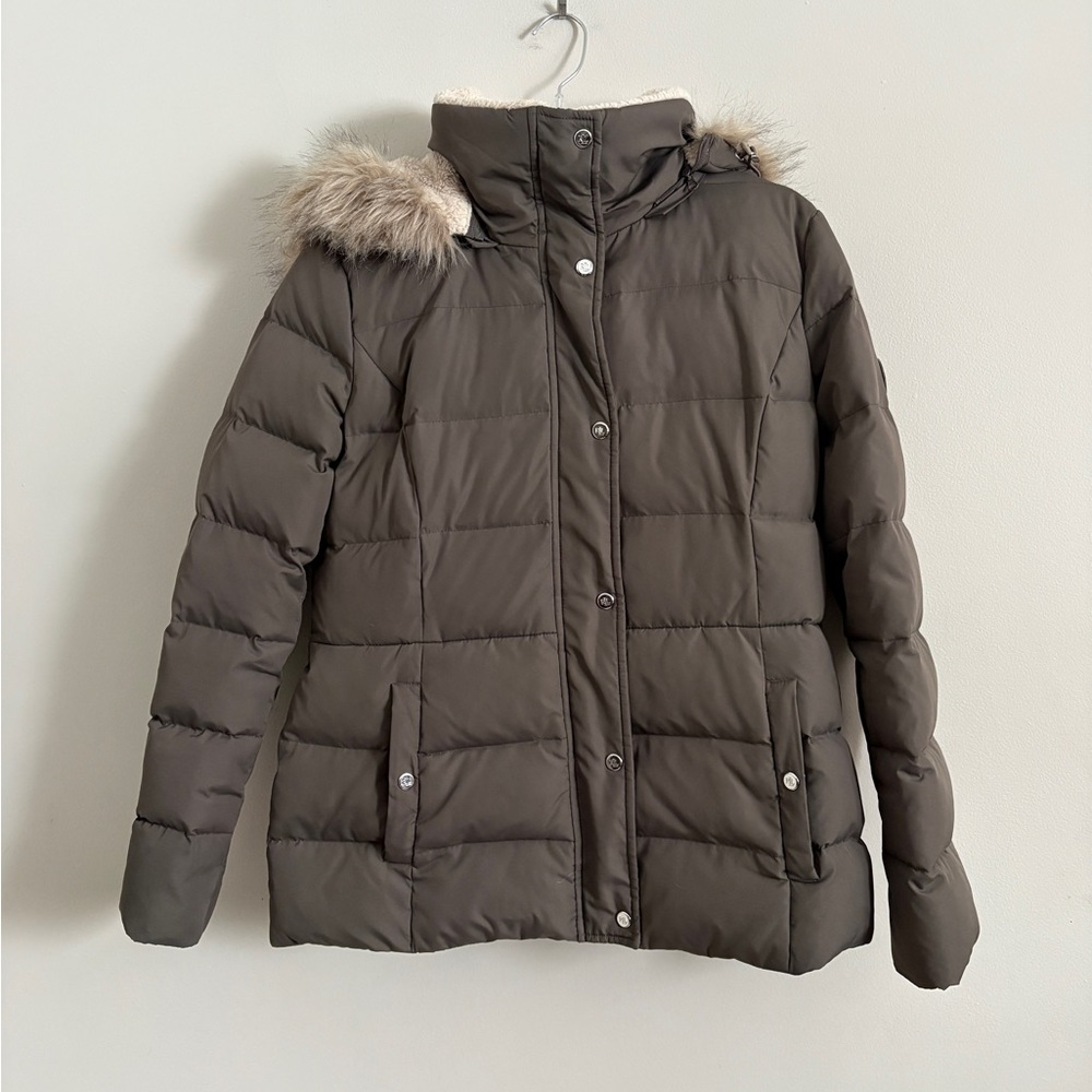 Lauren Ralph Lauren Down Puffer Coat Women Medium Faux Fur Hooded Zip Front